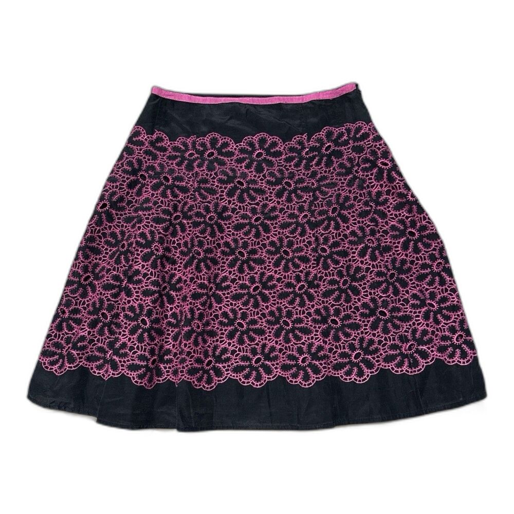 ISHYU Silk Blend Embroidered A-Line Skirt Women’s 4 Black Pink Floral Boho Lined